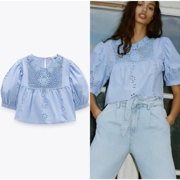 Zara Tops - Zara Blue Cotton Top Crochet Eyelet Lace Floral Cutout Puff Sleeve‎ Size Small